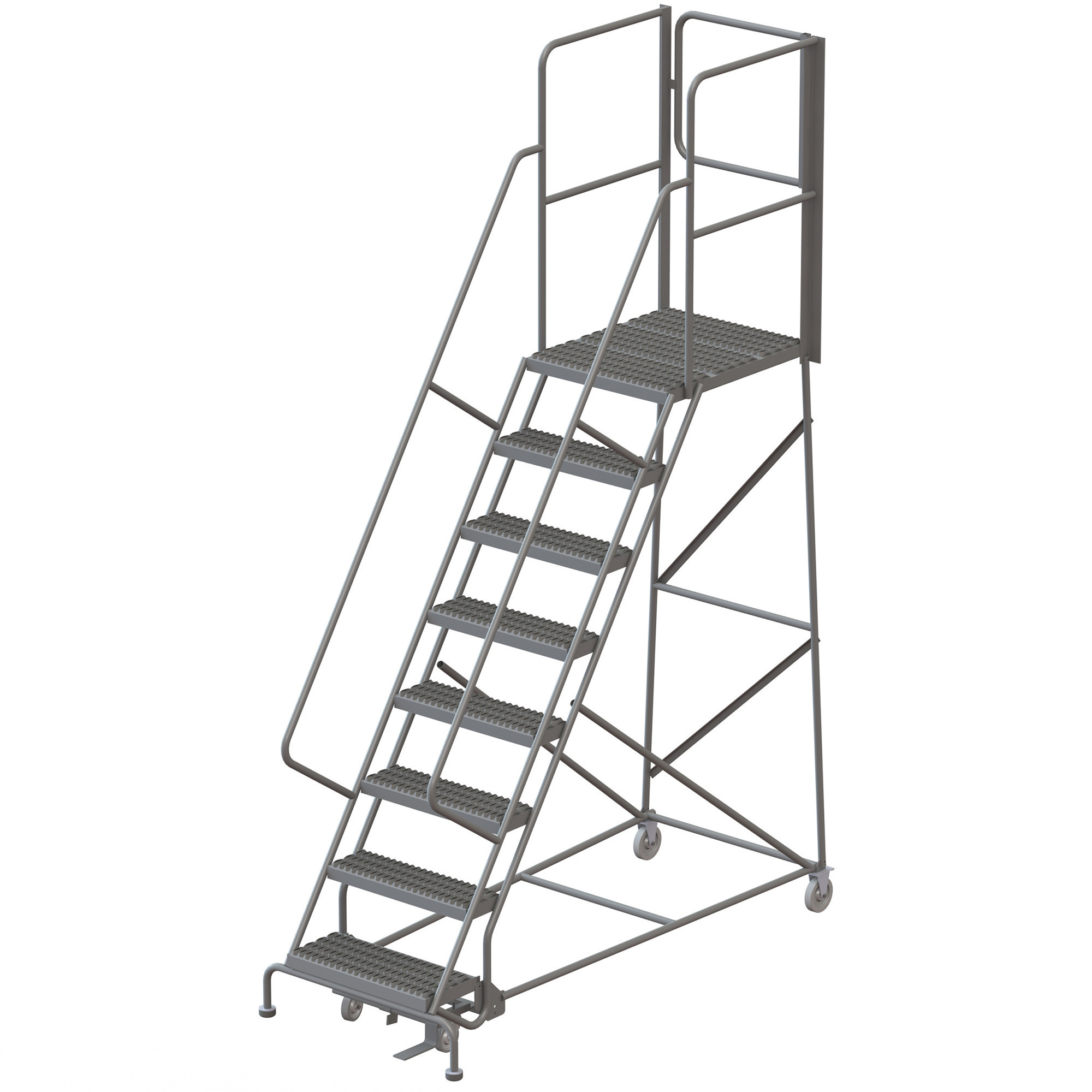 Tri-Arc 8-Step Steel Rolling Ladder with Serrated Steps and Rear Exit Gate, Gray, 24in.W x 30in.D Platform, 450-Lb. Capacity, Model# KDSR108242-XR
